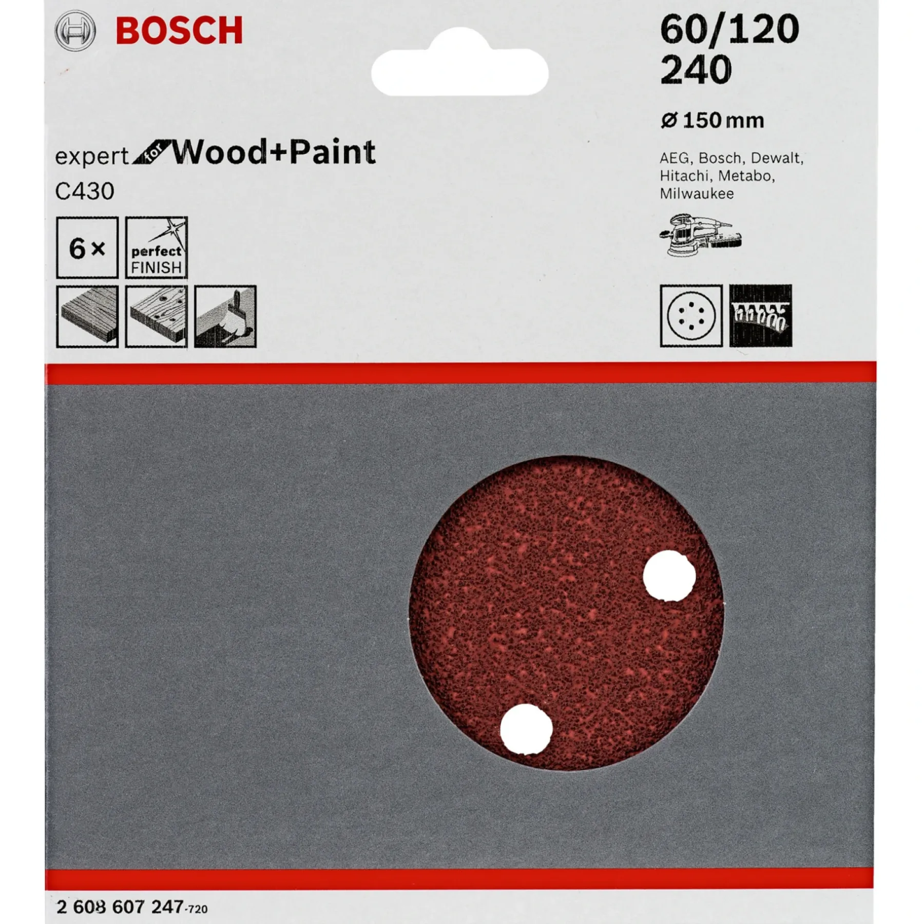 Tilbehør Elværktøj ^ Bosch C430 EXPERT SLIBERONDEL Ø150 MM K60; K120; K240 6 STK