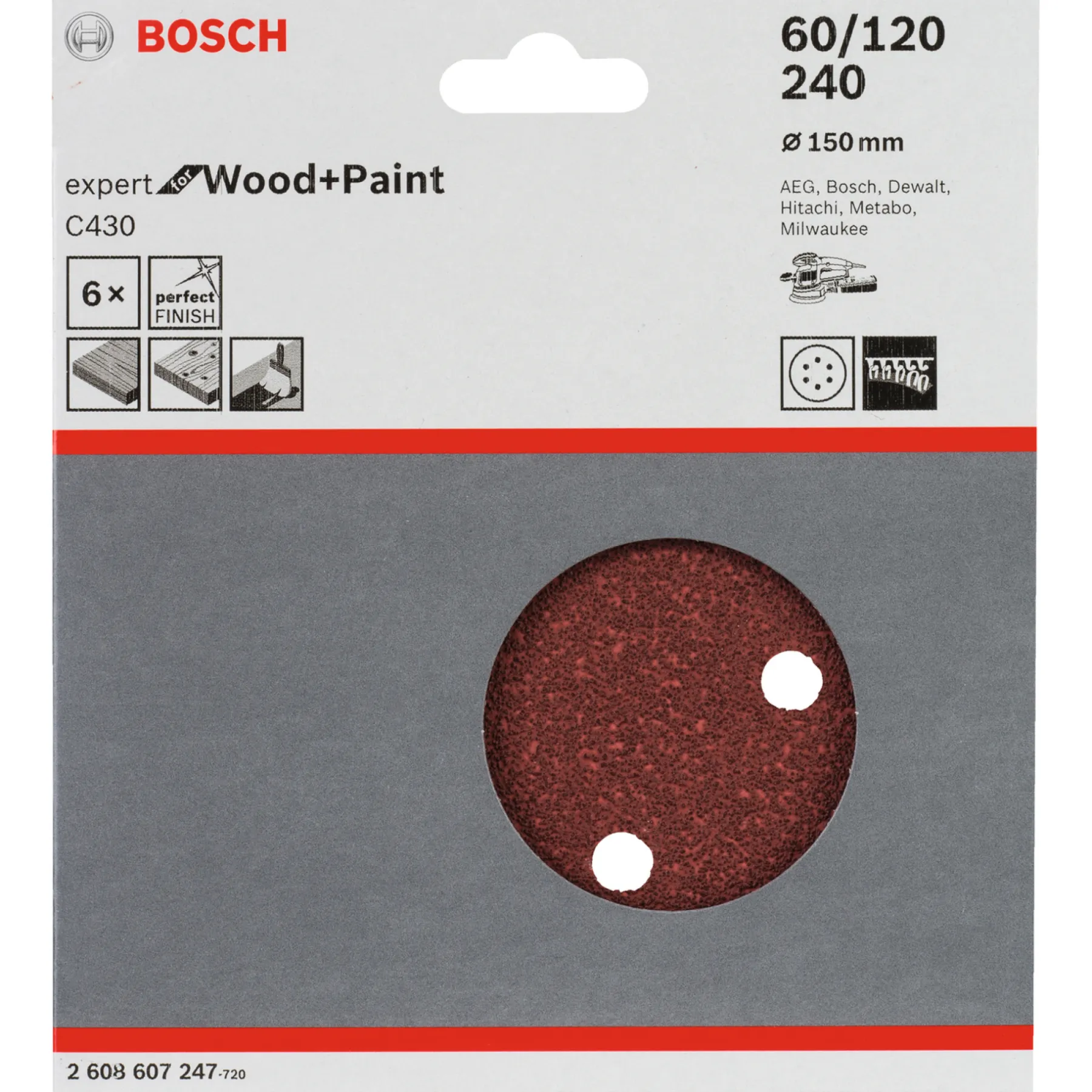 Tilbehør Elværktøj ^ Bosch C430 EXPERT SLIBERONDEL Ø150 MM K60; K120; K240 6 STK