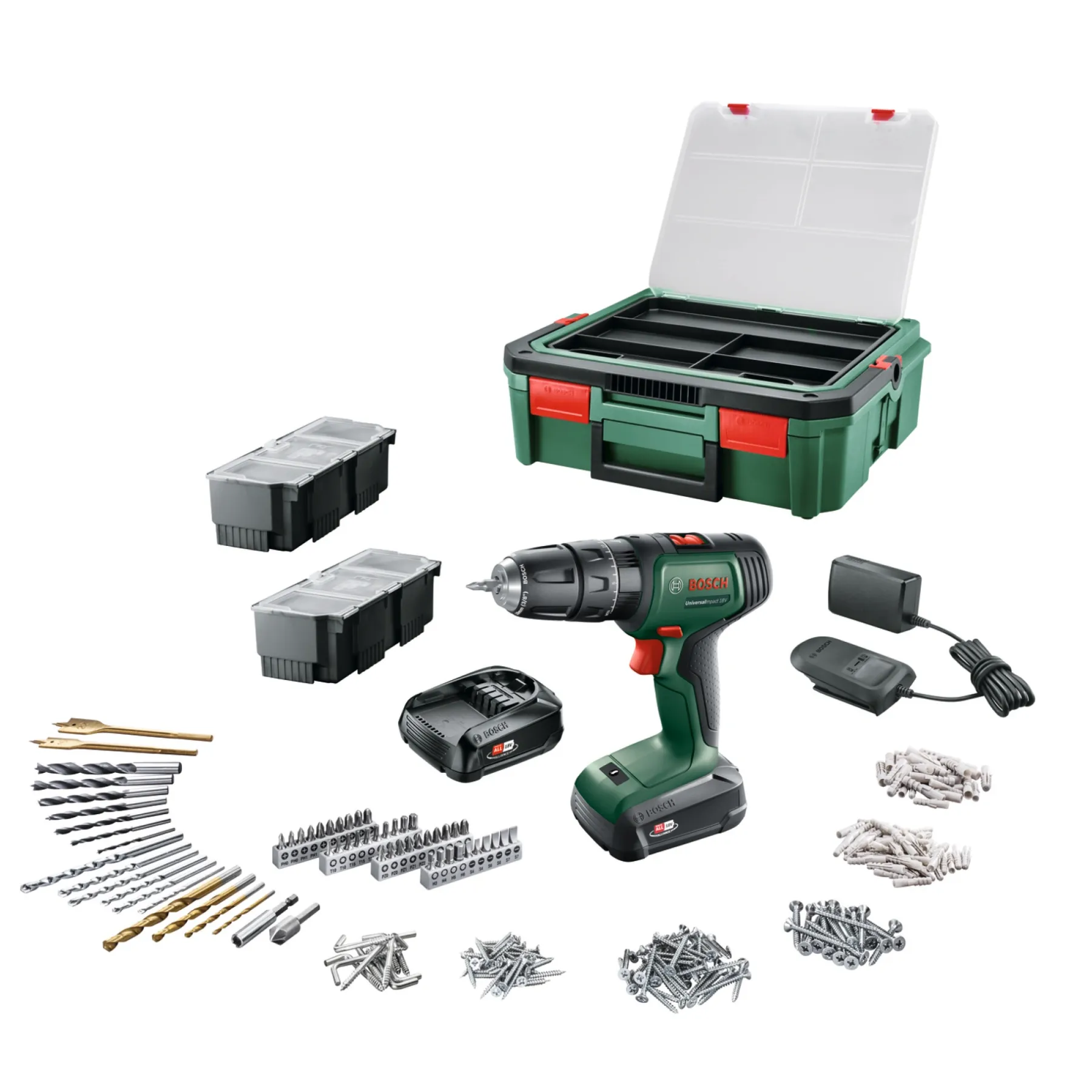 Bore- & Skruemaskiner ^ Bosch UNIVERSAL IMPACT 18V SLAGBOREMASKINE AKKU MED BATTERI OG LADER