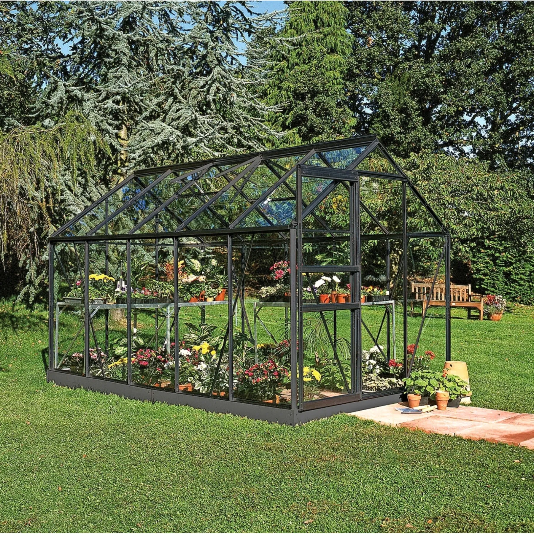 POPULAR 106 DRIVHUS INKL. SOKKEL 3 MM DELT GLAS SORT 6,2 M2>Halls Online