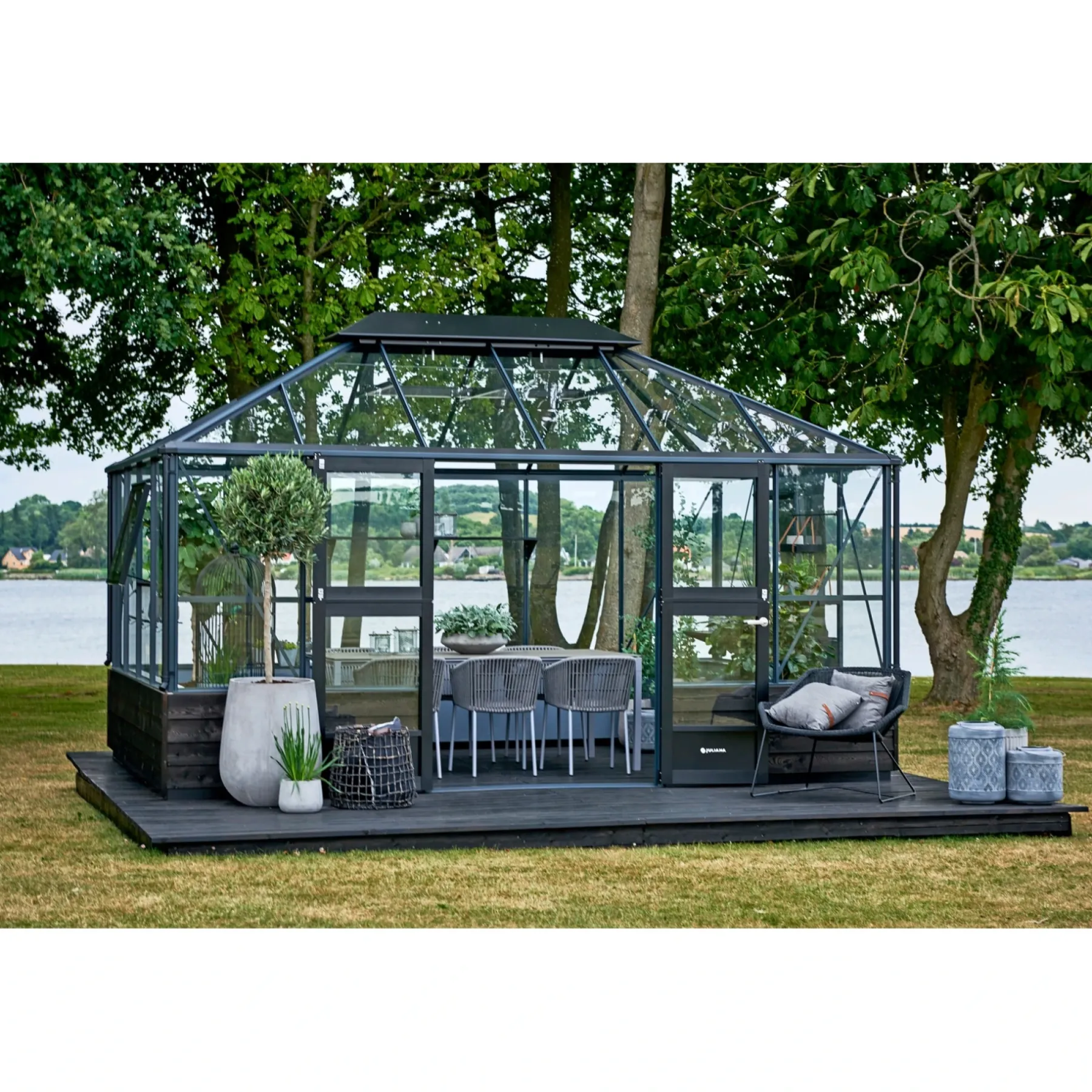 Pavillon Drivhuse ^ Juliana GRAND OASE MUR ORANGERI 3 MM HÆRDET GLAS HELE BANER ANTRACIT 13 M²