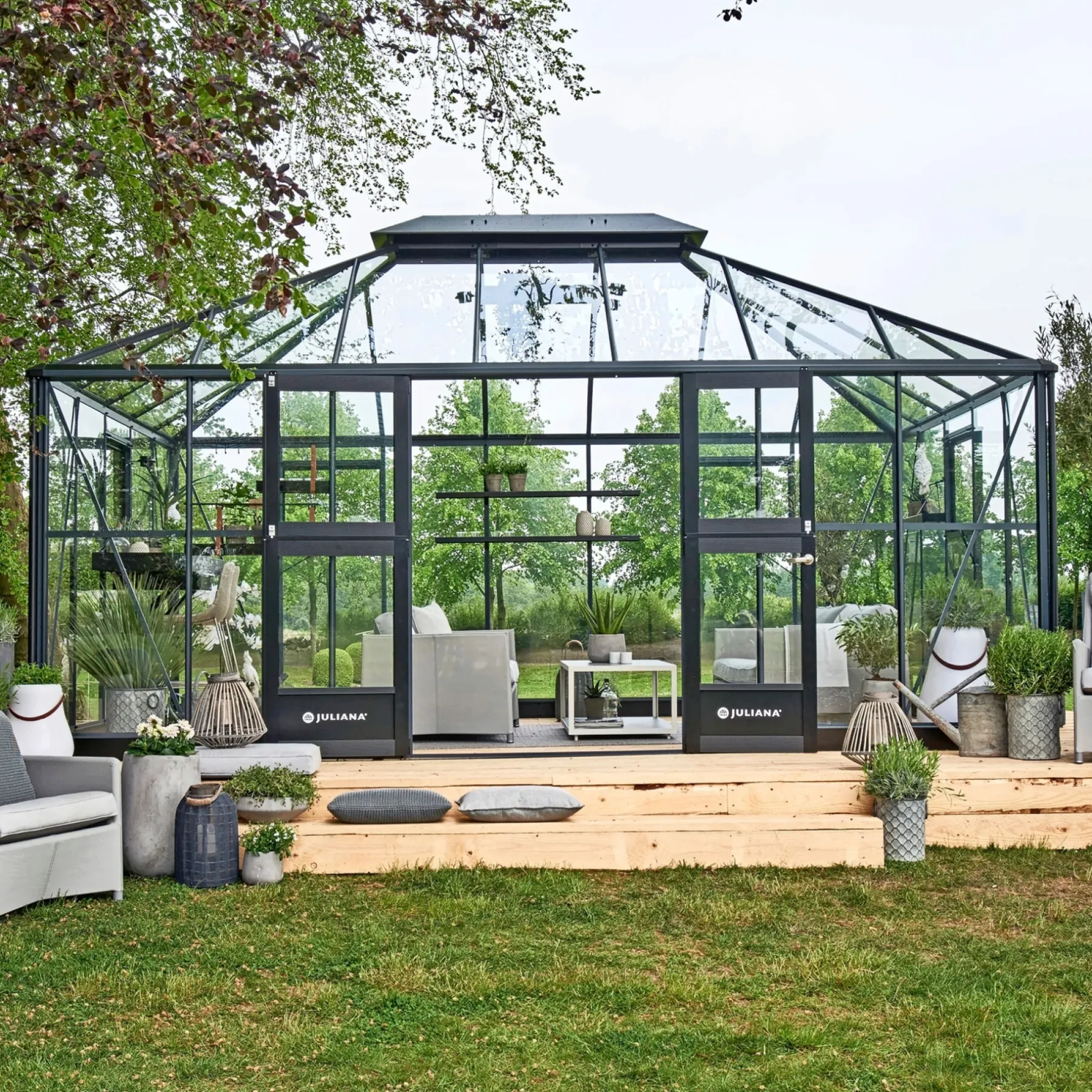 Orangerier ^ Juliana GRAND OASE ORANGERI 3 MM HÆRDET GLAS HELE BANER ANTRACIT 18,8 M2