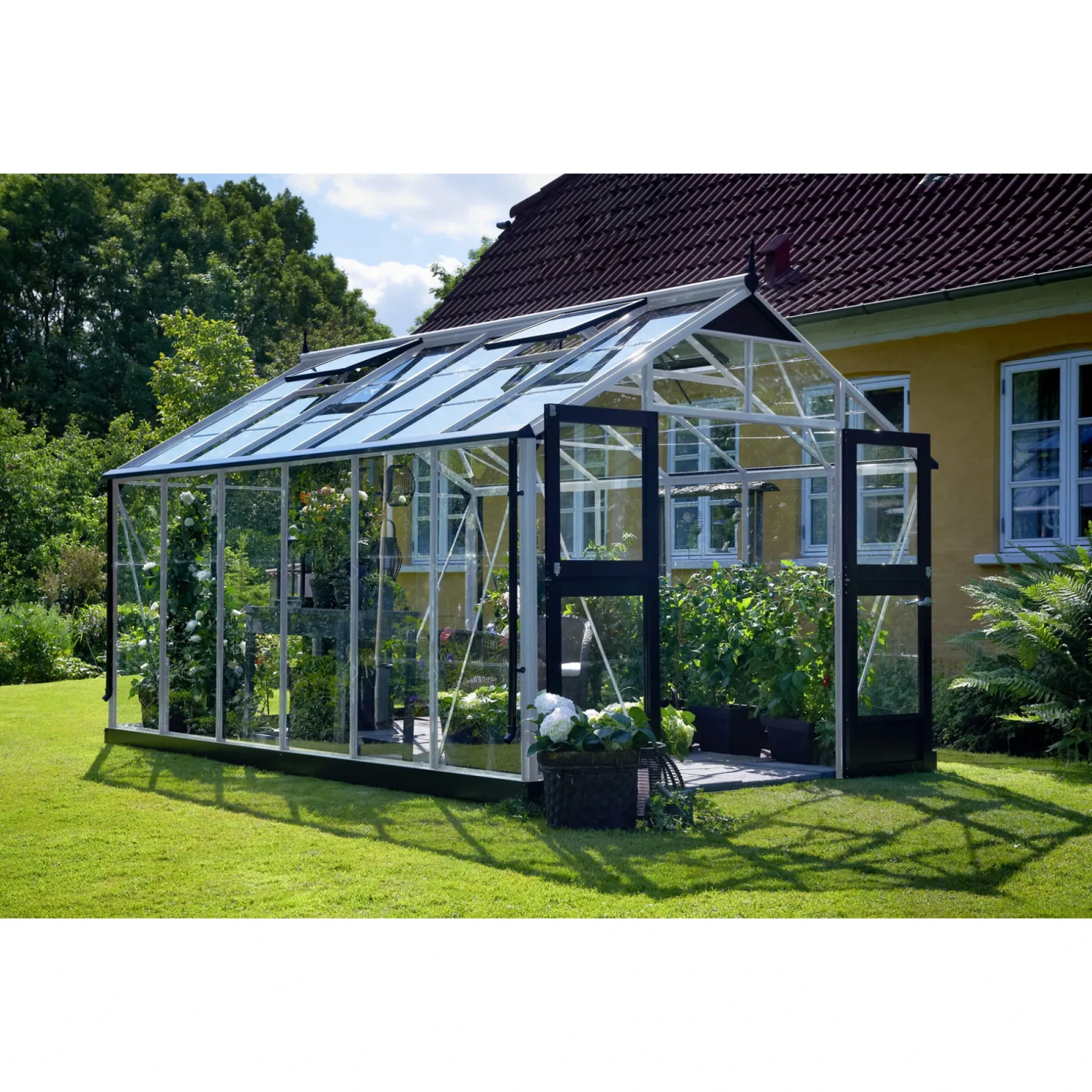 PREMIUM EKSKL. SOKKEL DRIVHUS 3 MM HÆRDET GLAS HELE BANER ALU 13 M²>Juliana Online