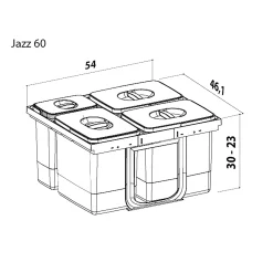 Boligindretning ^ Juvel JAZZ60-4 AFFALDSSORTERING GRÅ. BEHOLDERE I GRÅ 3X12L, 1X5L