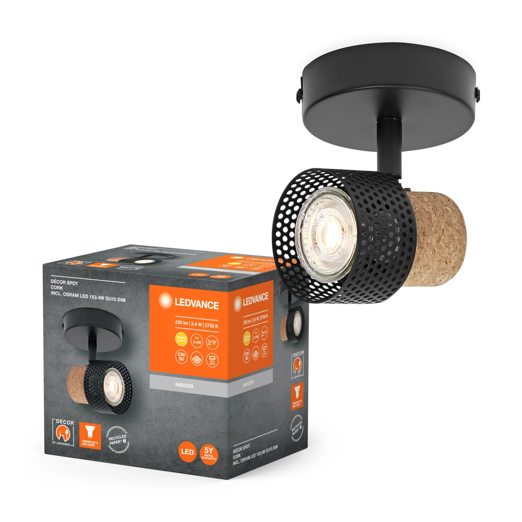 Spotlights ^ LEDVANCE DECOR CORK SPOTLAMPE SORT GU10 3,4W