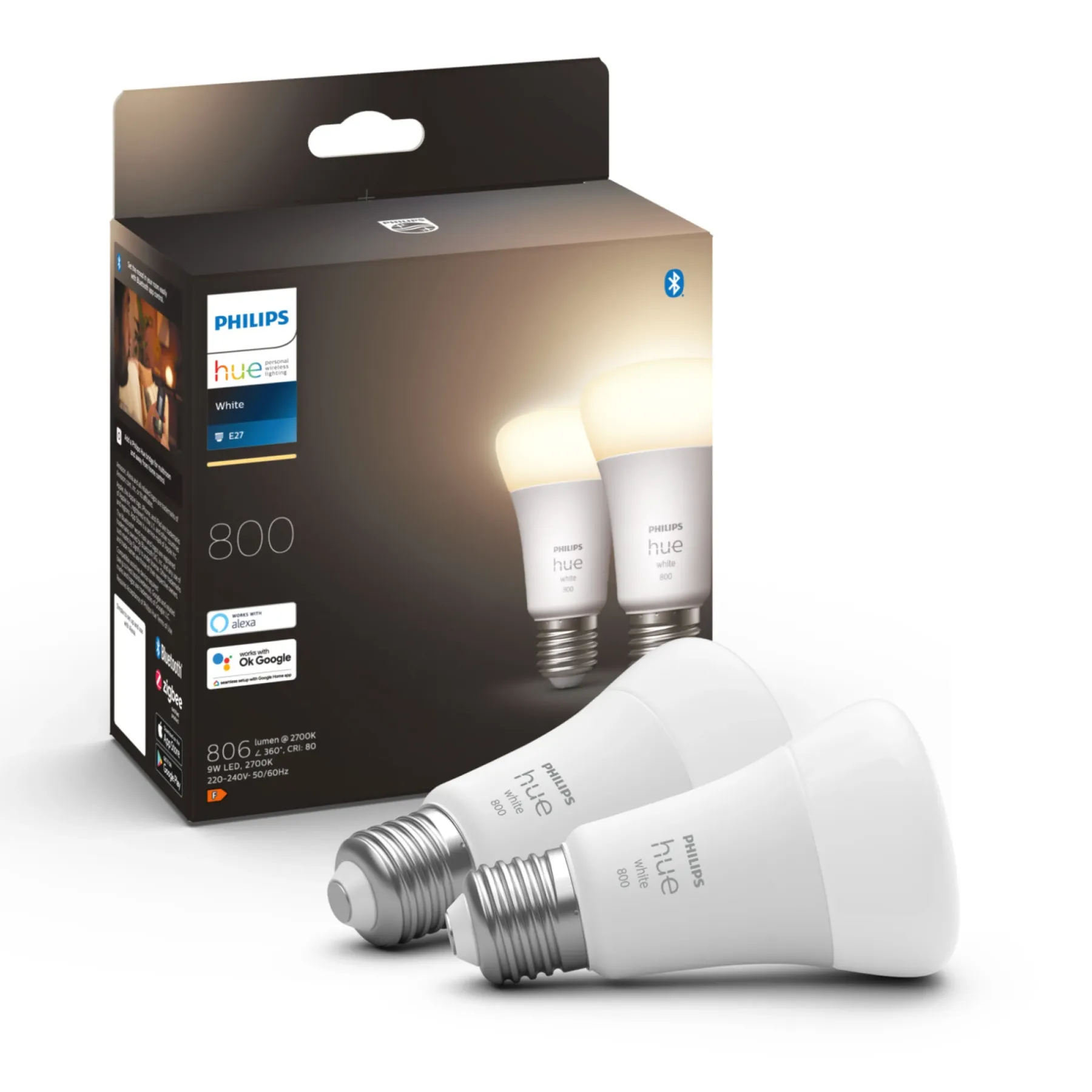 Smart Belysning ^ Philips Hue W 2-PAK SMART LED PÆRE E27 STANDARD 9W