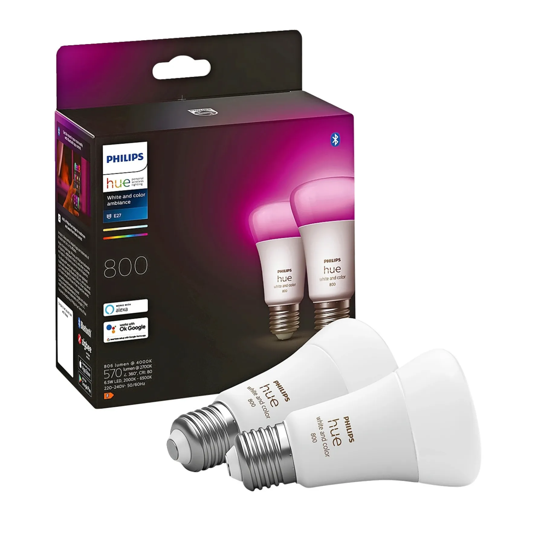 Smart Belysning ^ Philips Hue WCA 2-PAK SMART LED PÆRE E27 STANDARD 9W
