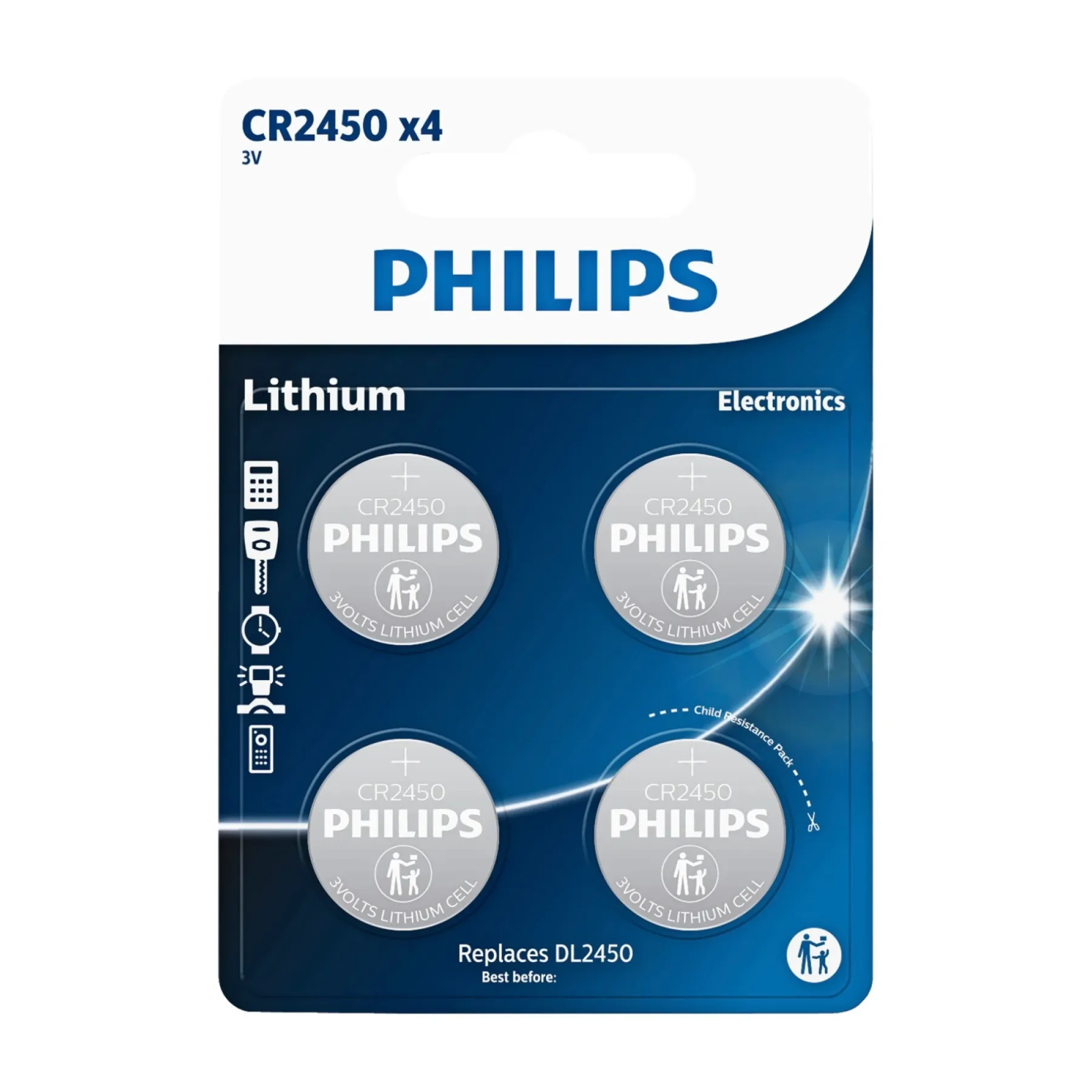 Batterier ^ Philips LITIUM CR2450 KNAPCELLE BATTERI 4 STK/PK