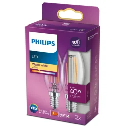 Led ^ Philips 2-PAK KLAR LED PÆRE KERTE E14 4W