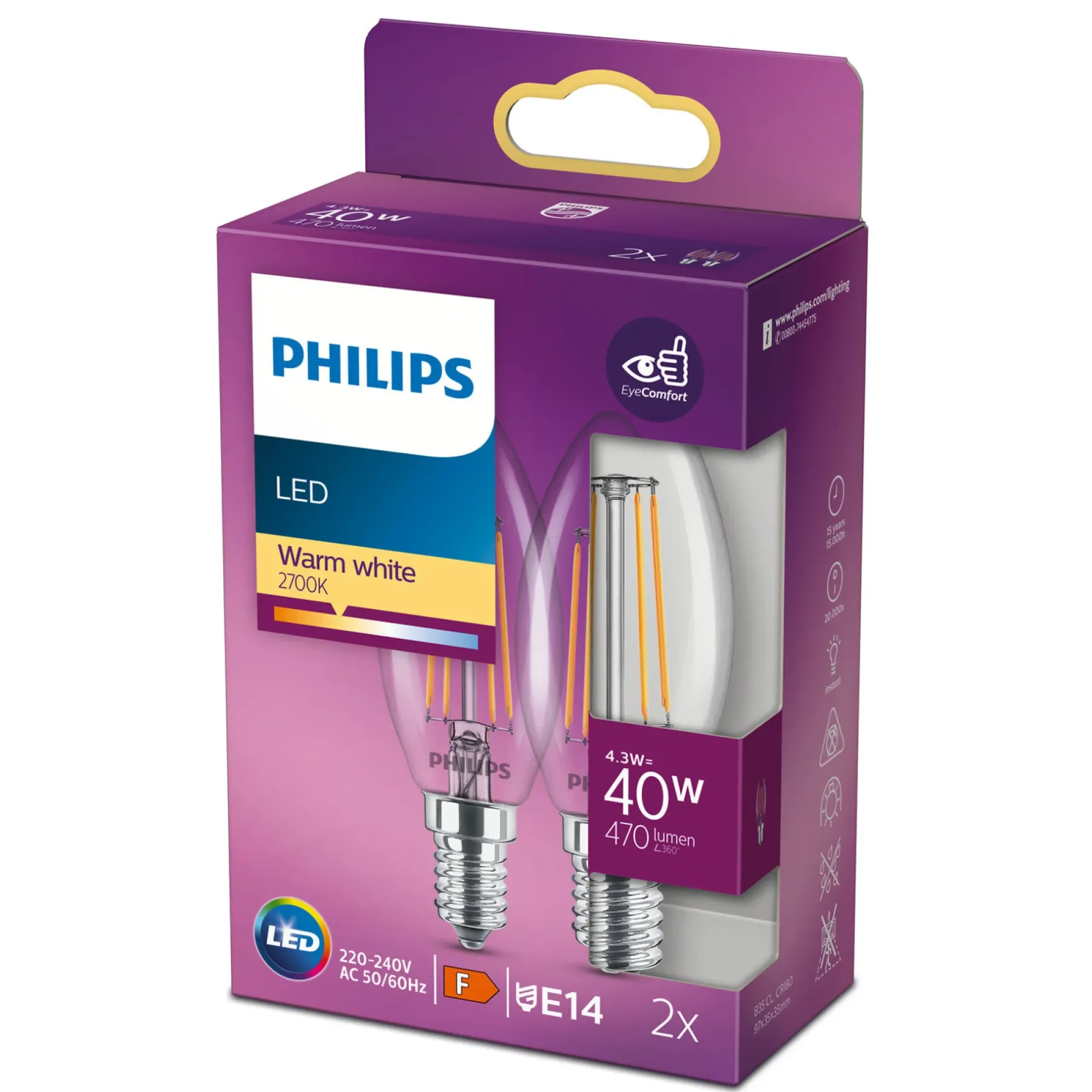 Led ^ Philips 2-PAK KLAR LED PÆRE KERTE E14 4W