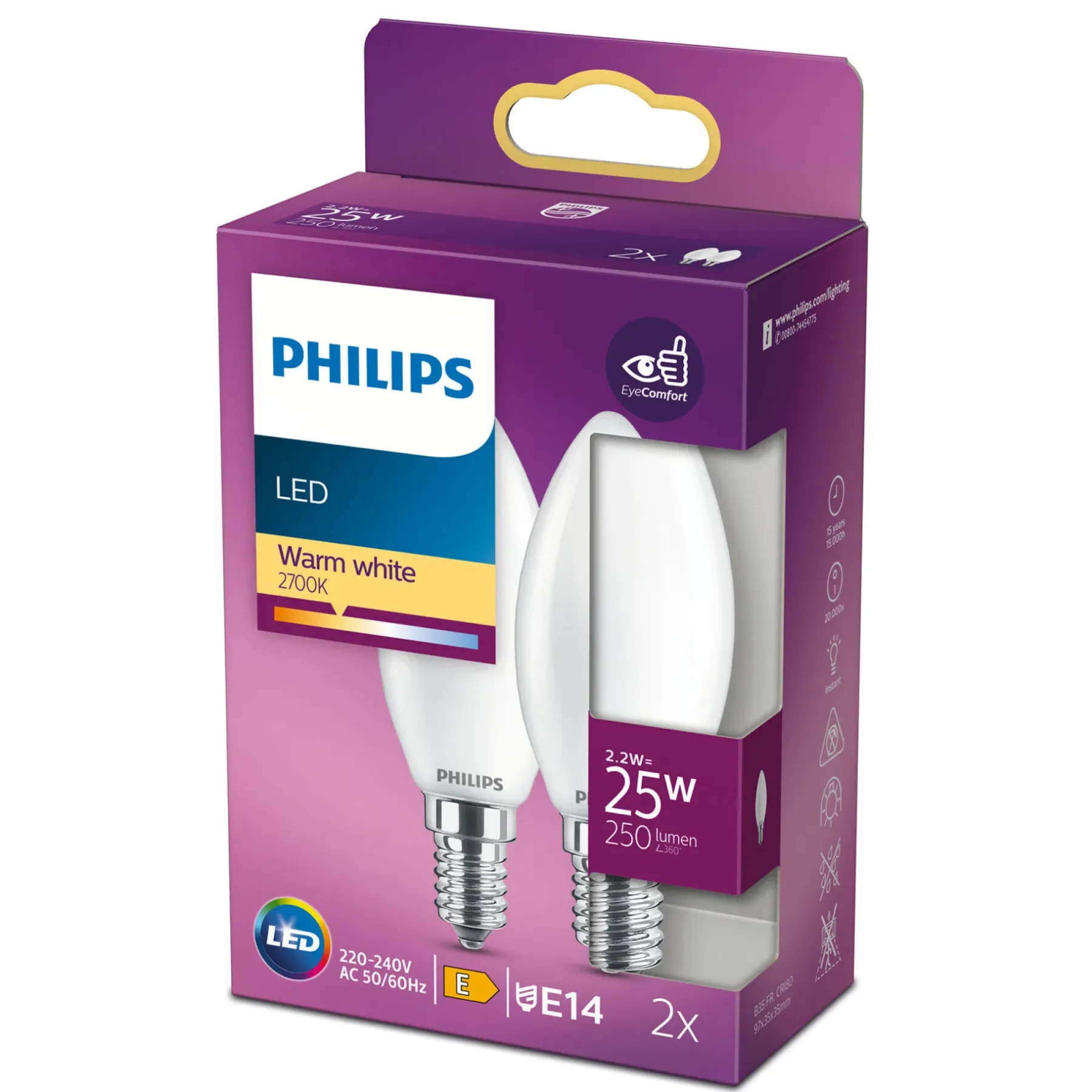 Led ^ Philips 2-PAK MAT LED PÆRE KERTE E14 2W