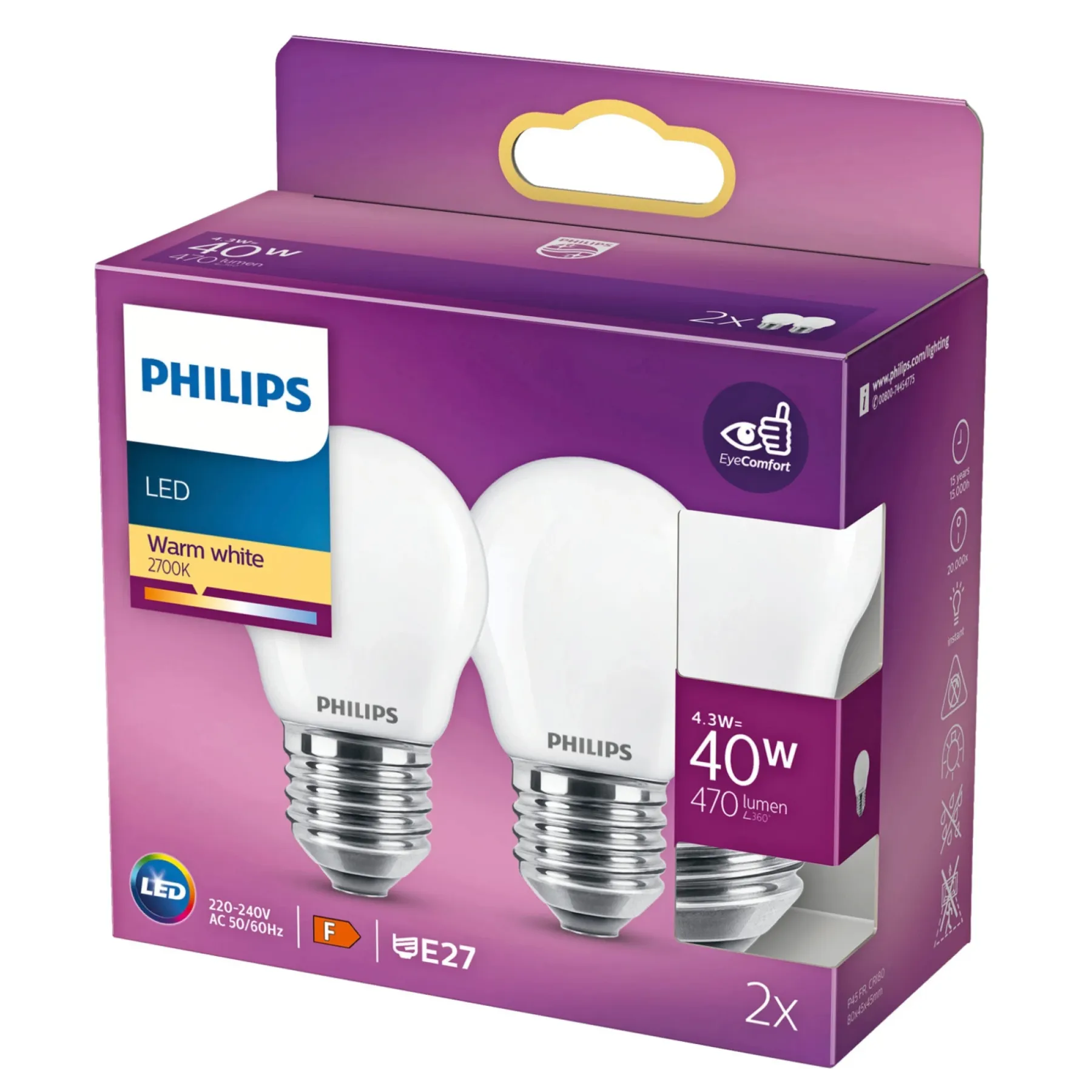Led ^ Philips 2-PAK MAT LED PÆRE KRONE E27 4W
