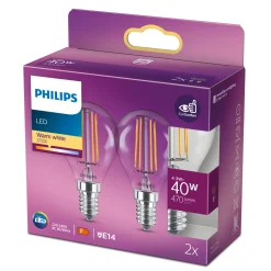 2-PAK KLAR LED PÆRE KRONE E14 4W>Philips Hot