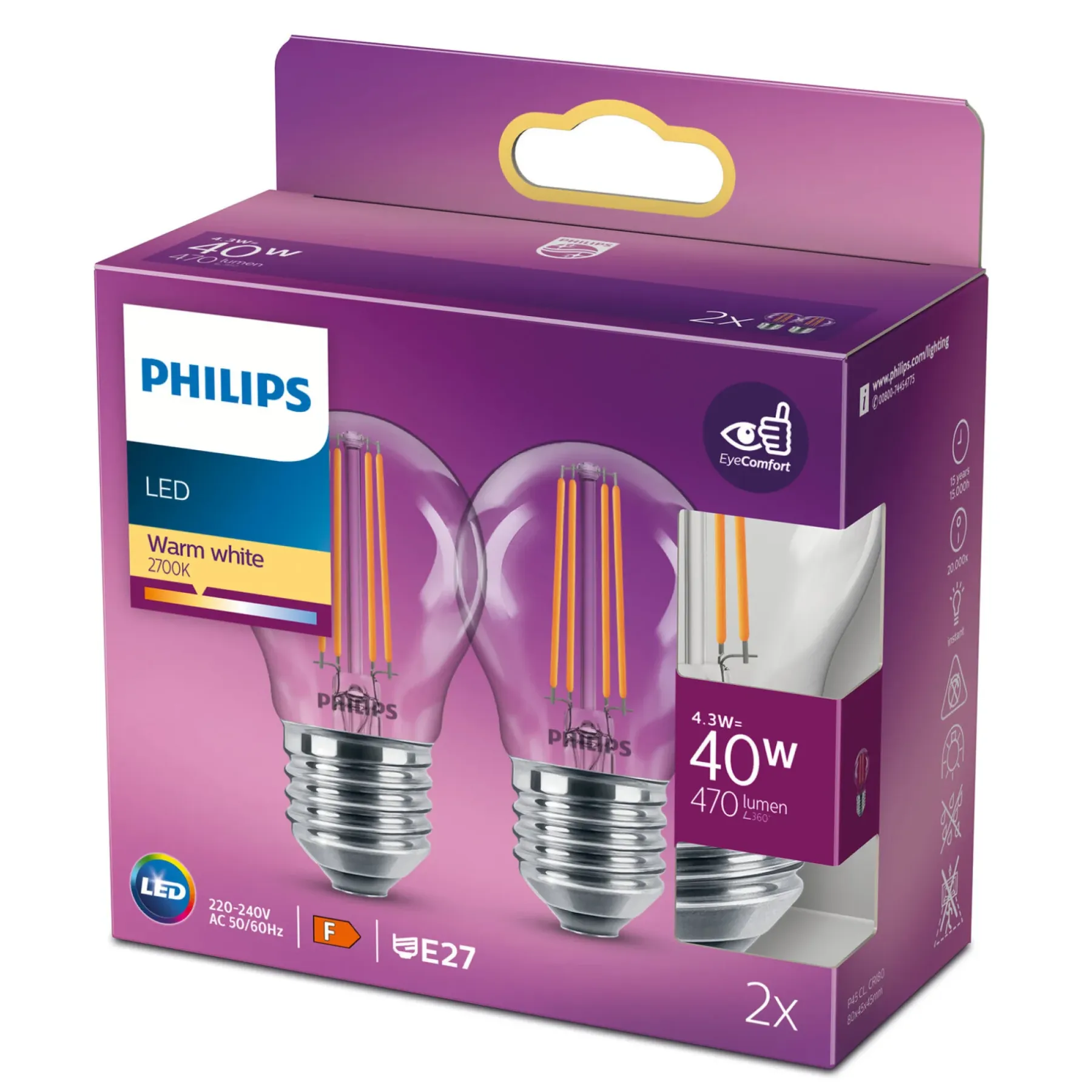 2-PAK LED PÆRE KRONE E27 4W>Philips Clearance