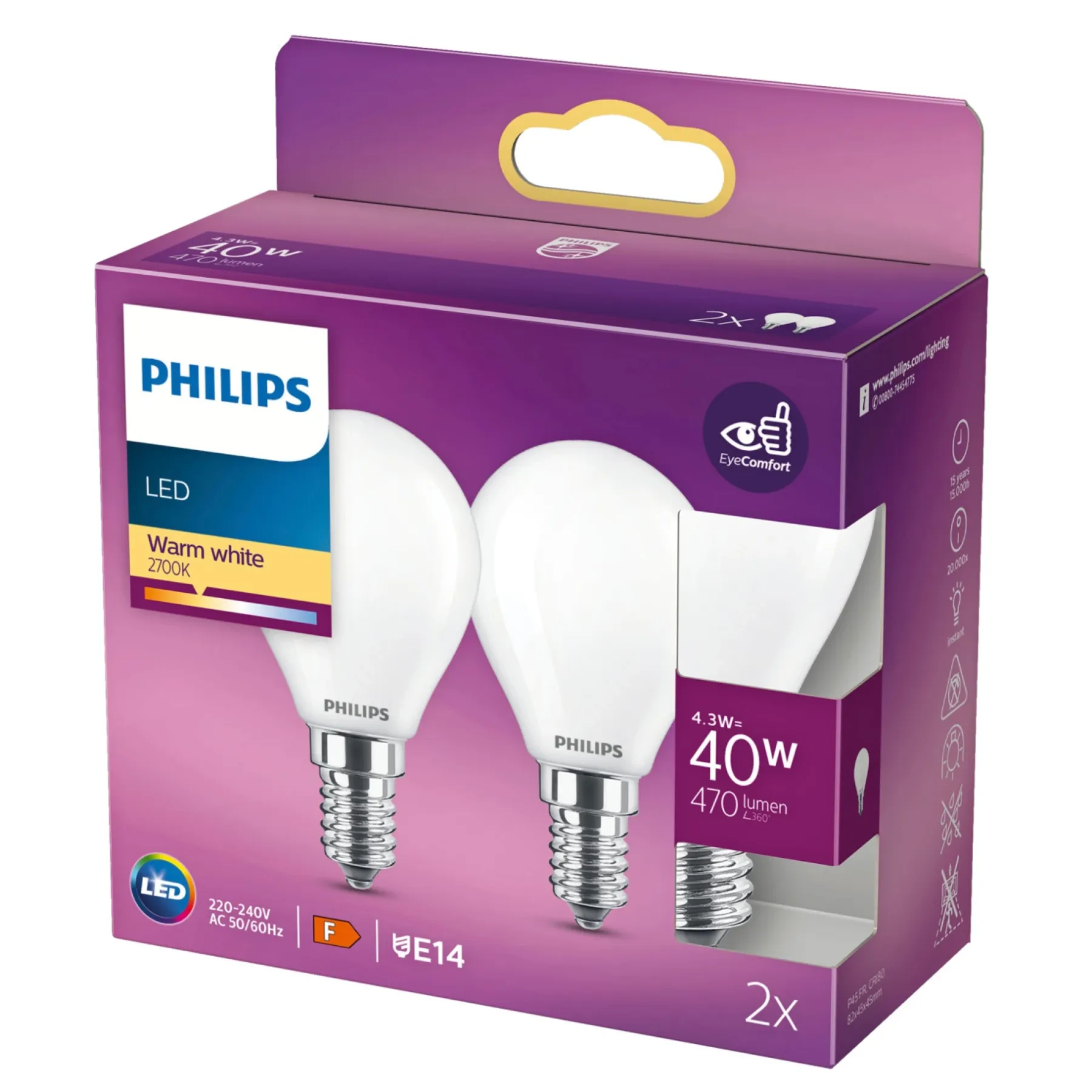2-PAK MAT LED PÆRE KRONE E14 4W>Philips