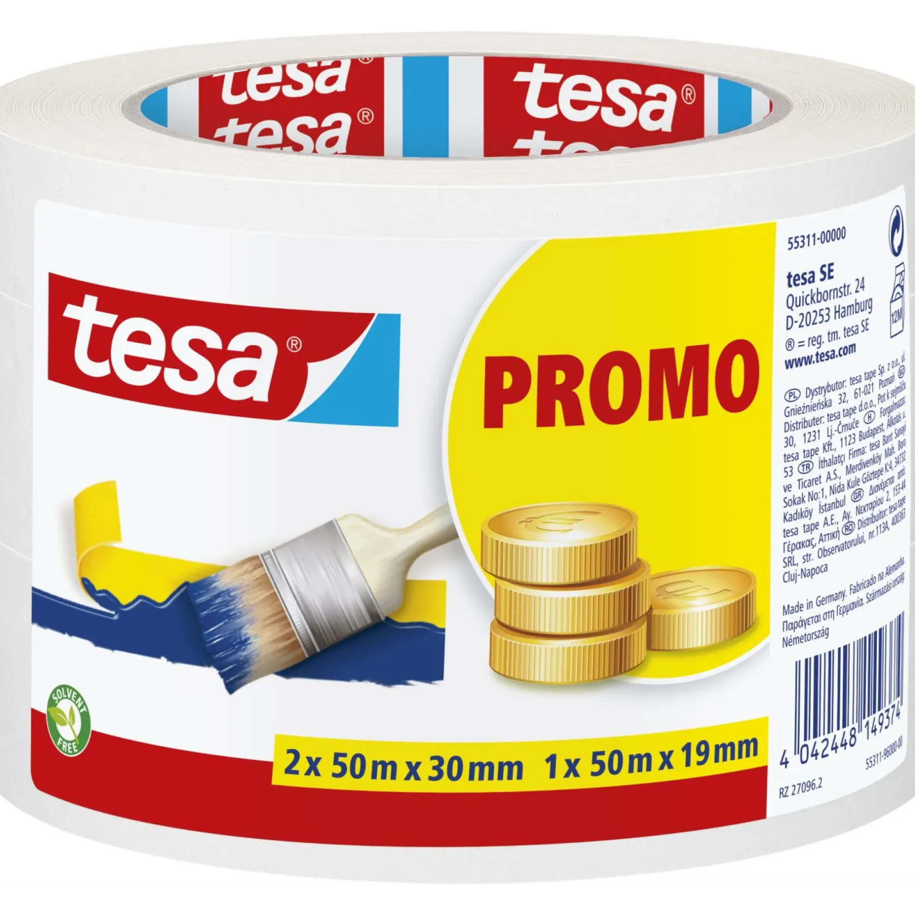 BASIC 3-PAK AFDÆKNINGSTAPE 2 X 30 MM OG 1 X 19 MM HVID>Tesa New