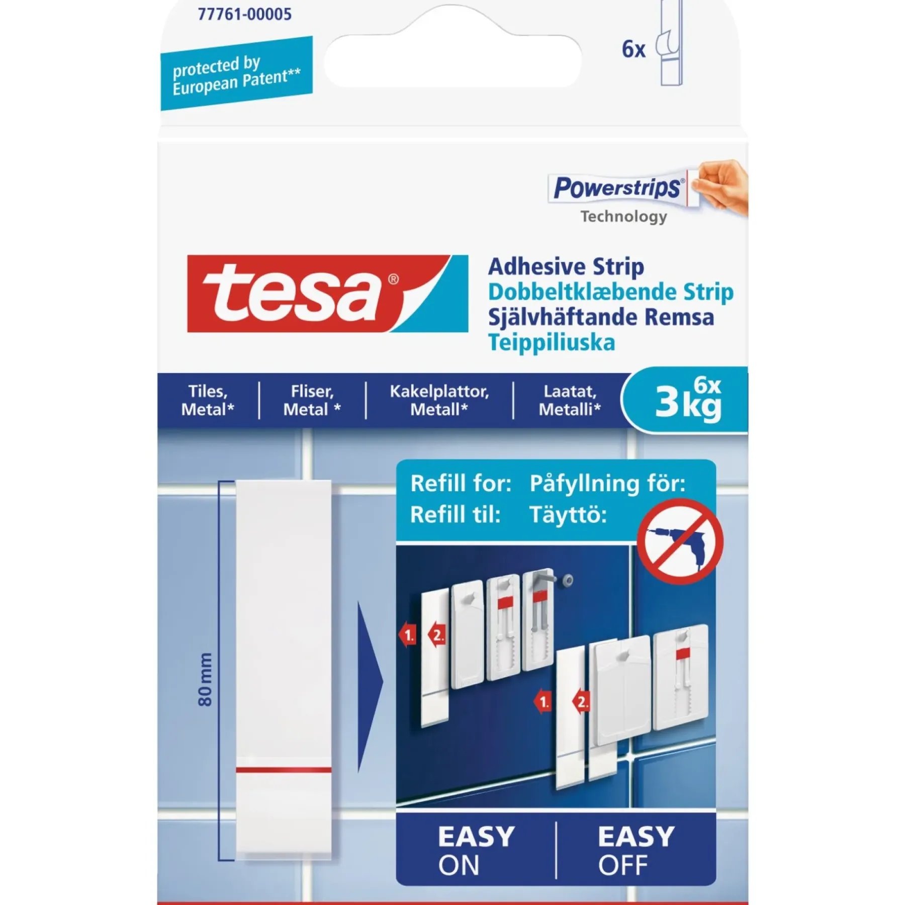 Klæbesøm ^ Tesa TIL GLATTE OVERFLADER DOBBELTKLÆBENDE STRIPS 3 KG 6 STK