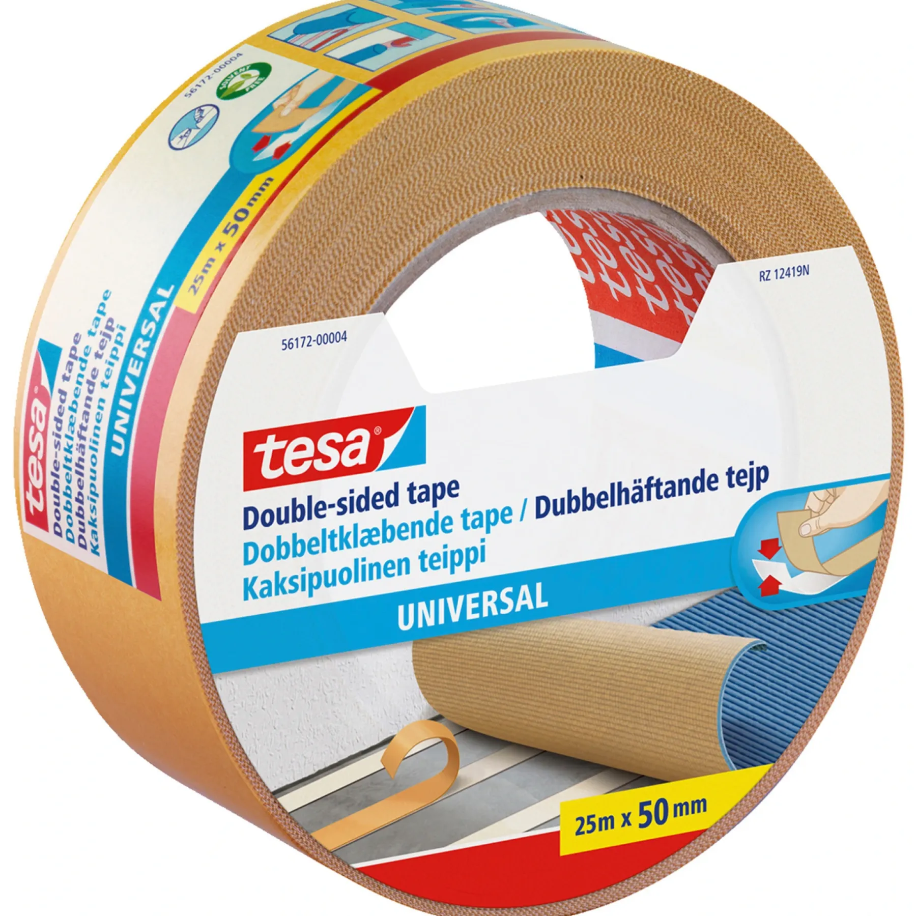 UNIVERSAL P TÆPPETAPE 25 M X 50 MM HVID>Tesa Hot